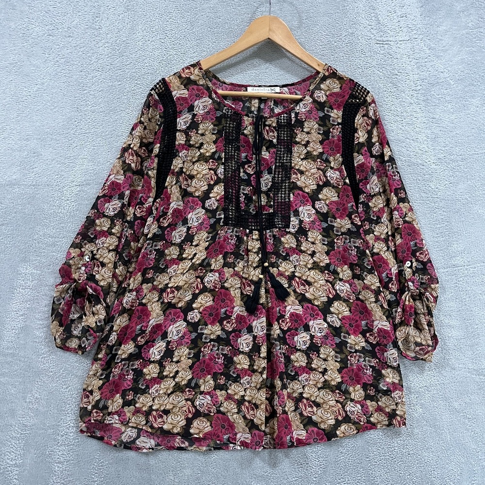 Daniel Rainn Black Floral Peasant Blouse with Rose & Cream Accents